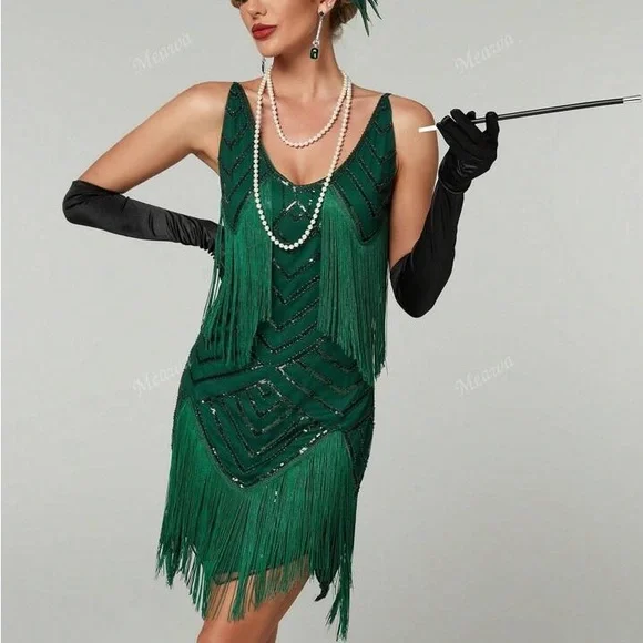 Elegant Green Fringe Flapper Party Dress - Picture 4 of 9